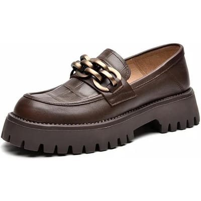 Outdoor Wandelen Chunky Loafers Dames Echt Koeienleer Platform Schoenen Ronde Neus Metalen Ketting Instappers Dames Flats Handgemaakt 40 gray