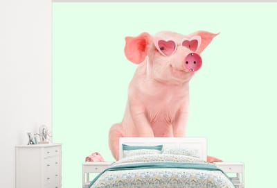 Behang - Muurdecoratie - Varken - Roze - Bril - Stopcontact - Dieren - 300x240 cm - Fotobehang - Vinylbehang