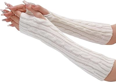 MDUG Lange vingerloze handschoenen voor dames - Wit - One size - Gebreid polsbandje met duimgat - Lange polsband - Vingerloze armmouwen voor volwassenen - Warme vingerloze armmouwen