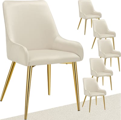 tectake® Eetkamerstoel Avane - Fluweeloptiek - Ergonomische gestoffeerde stoel met gouden stalen poten - Draagkracht 120 kg - Moderne eetkamer- en keukenstoel - Set van 6 - Beige