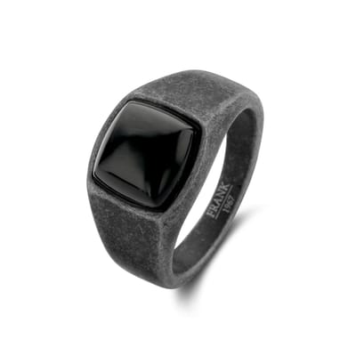 Frank 1967 7FR-0013-60 Stalen Ring met Steen - heren - Agaat - 9,8 x 9,3 mm - Vintage Look - Zilverkleurig Staal - Maat 60 - Zwart