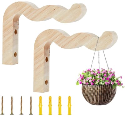 Dailygoods- Plantenhaken Set van 2 - Houten Wandhaken - Golfvormige Plantenhouders - 175 x 135 x 25 mm - Voor Binnen/Buiten - Warm Amandelhout - Plantenhanger