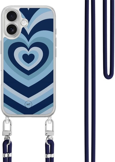 Hoesje met koord geschikt voor iPhone 16 - Hart blauw - Inclusief zwart koord - Crossbody beschermhoes - Transparant, Blauw - Mooie Telefoonhoesjes