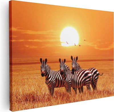Artaza Canvas Schilderij Afrikaanse Dieren - 40x30 cm - Klein - Wanddecoratie Zebra - Muurdecoratie Savanne - Kamer Accessoires Zonsondergang