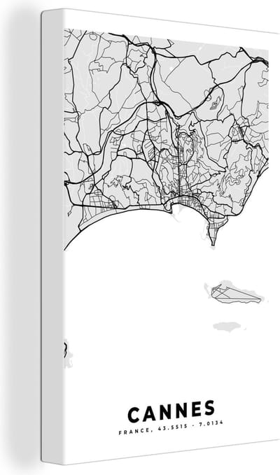 Canvas Schilderij Frankrijk - Cannes - Stadskaart - Plattegrond - Kaart - 20x30 cm - Wanddecoratie