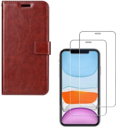 Bookcase Geschikt voor: iPhone 11 Pro - Bruin - portemonee hoesje + 2X Tempered Glass Screenprotector
