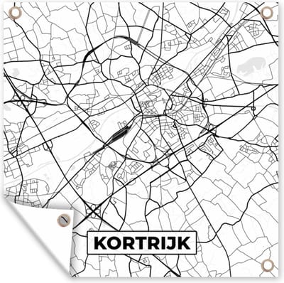 Tuin poster België – Kortrijk – Stadskaart – Kaart – Zwart Wit – Plattegrond - 200x200 cm - Tuindoek
