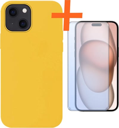 Hoes - Met Screenprotector - Geschikt voor Apple iPhone 15 - Sterk & Shockproof - Back Cover - Siliconen Case - Telefoon Hoes - Geel