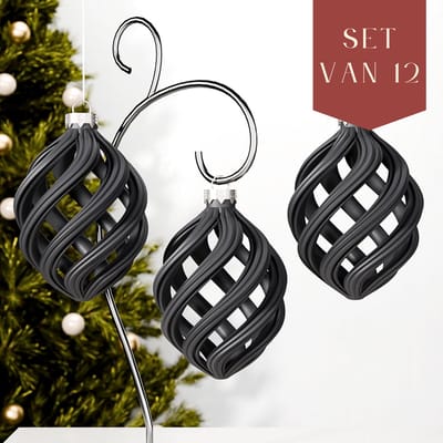 Fleuriek – Spiraal Kerstornamenten – Mat Zwart, Set van 12 – Chique Boomdecoratie – Onbreekbare Kerstballen van Hoogwaardig Kunststof – Luxe Kerstversiering in Trendkleur