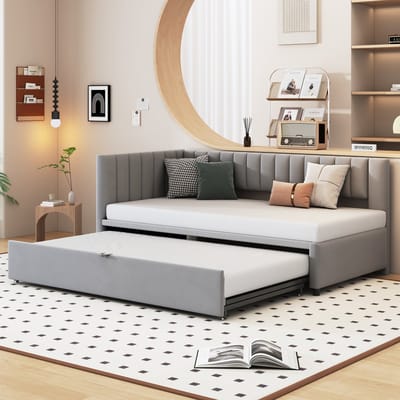 MODENUIT Bedbank 90x200 cm – Uitschuifbed met L-vorm en rugleuning – Zonder matras – Voor kinderkamer of logeerkamer – Grijs