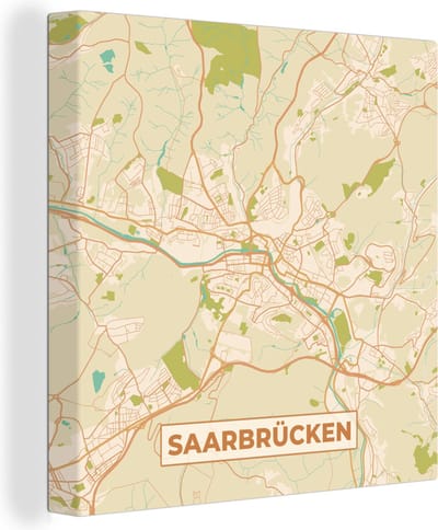 Canvas Schilderij Saarbrücken - Plattegrond - Vintage - Stadskaart - Kaart - 20x20 cm - Wanddecoratie