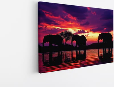 Saammp Canvas Schilderij - Familie Olifanten silhouet - Afrika - Dieren - 45x30 - Foto op canvas - Wanddecoratie - muurdecoratie Woonkamer - Slaapkamer decoratie - Canvas Print