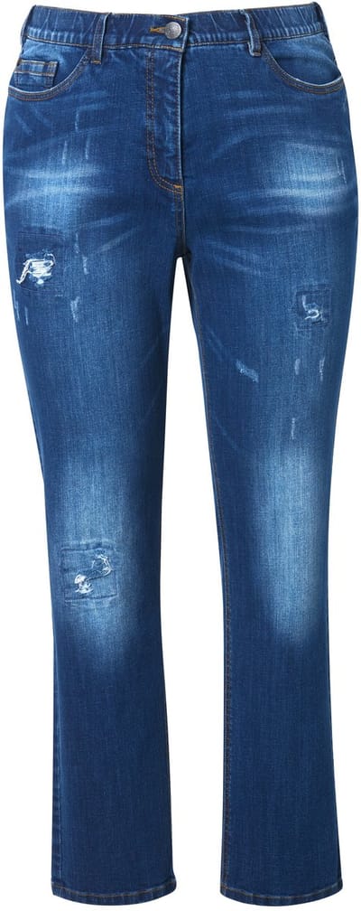 Ulla Popken - Dames - Jeans Sammy vintage wassing destroyed effecten - Blauw denim - Maat 58