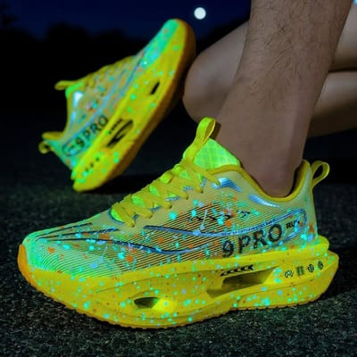 Professionele Carbon Plaat Marathon Heren Hardloopschoenen Ademend Lichtgewicht Comfortabel Antislip Nachtlicht Sportschoenen 42 geel