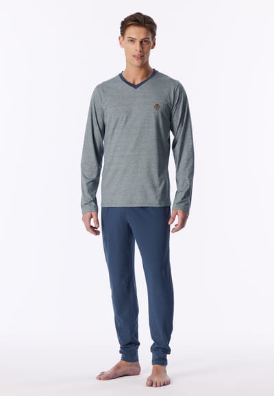 Lange pyjama met v-hals en manchetten, streepjes, diepblauw - 95/5 52