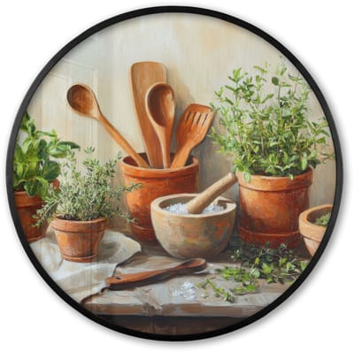 Poster in lijst Rond - Fotolijst 60x60 cm - Posters - Potten - Kruiden - Hout - Ronde posterlijst zwart - Decoratie - Wanddecoratie woonkamer - Muurdecoratie slaapkamer
