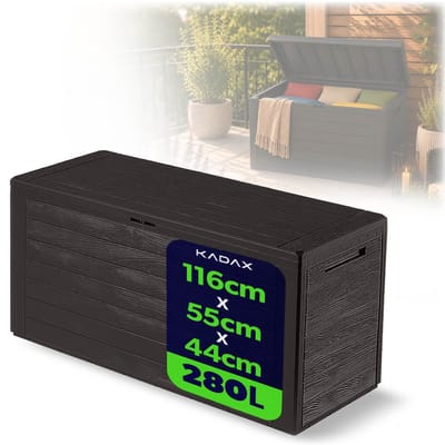 KADAX Tuinkist, opbergdoos van kunststof, tuinkist voor het opbergen van kussens, kinderspeelgoed en zitkussens, tuinbox voor tuin en terras (280 liter, donkerbruin)