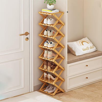 Schoenenrek smal - schoenenrek bamboe schoenenrek inklapbaar schoenenrek kleine schoen organizer vrijstaand schoenenrek voor gangen, slaapkamer, woonkamer, hoek en kleine ruimtes (8 lagen)