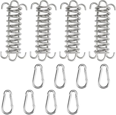 Set van 4 Spanningveren met 8 Karabijnhaken voor Zonnescherm, RVS Spanningveren, Touwspanner voor Camping en Buitenactiviteiten
