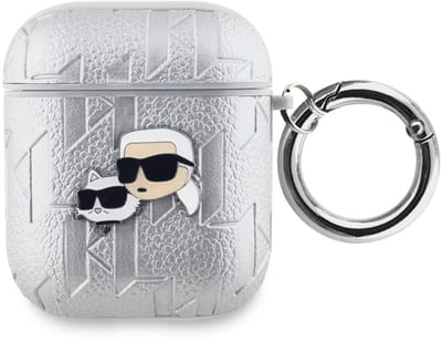 Karl Lagerfeld, Hoesje geschikt voor AirPods 1/2 - Karl & Choupette Gegaufreerd Patroon, Zilver