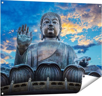 Gards Tuinposter Boeddha Beeld bij een Tempel - 100x80 cm - Tuindoek - Tuindecoratie - Wanddecoratie buiten - Tuinschilderij