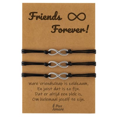 Vriendschapsarmbandjes voor 3 " Friends Forever ∞" - Oneindigheidsteken - BFF Armbandjes met Persoonlijk Cadeau Kaartje - Zilverkleurig - Elastisch Verstelbaar - Pax Amare