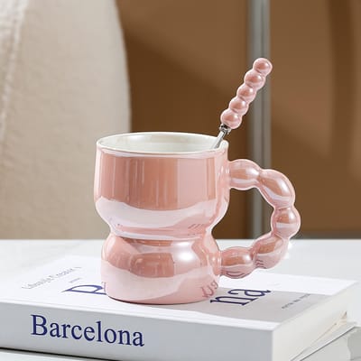 Kleurrijke Nordic Pearl Keramische Kop Hoge Waarde Waterbeker Niche Mok Meisjeshart Koffiekop met Lepel Persoonlijkheidsbeker 300ml brown