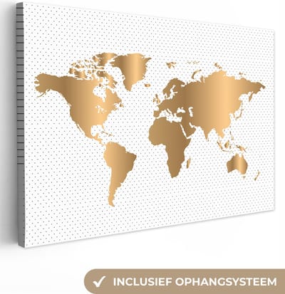Canvas schilderij 150x100 cm - Wanddecoratie Wereldkaart - Goud - Stippen - Kinderen - Jongens - Meiden - Muurdecoratie woonkamer - Kamer decoratie accessoires - Schilderijen