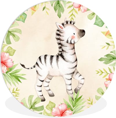 WallCircle® Wandcirkel 140x140 cm - Muurcirkel Jungle - Zebra - Aquarelverf - Muurdecoratie woonkamer - Wanddecoratie slaapkamer - Kamer decoratie accessoires - Ronde schilderijen