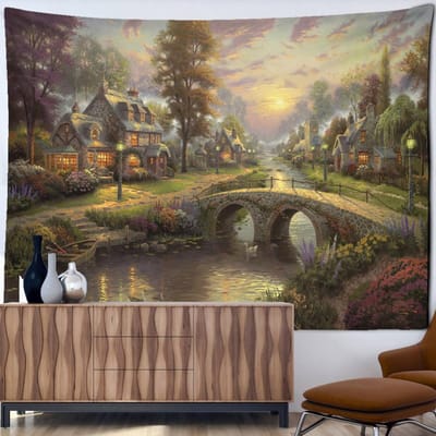 Kerststad Olieverf Wandtapijt Wandhanger Bohemien Hippie Tapez Kerstfestival Kunst Slaapkamer Woonkamer Huisdecoratie 400x220cm