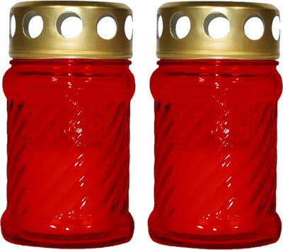 2x stuks grafkaarsen/gedenklichten met deksel rood 7 x 12 cm - 10 uren brandtijd - Graflichten/herdenkingslichten