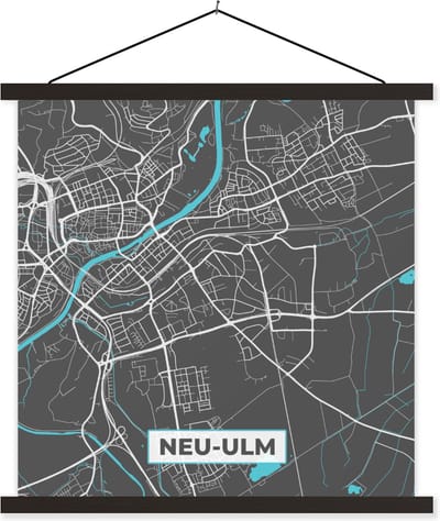 Posterhanger incl. Poster 60x60 cm - Schoolplaat - Stadskaart – Plattegrond – Duitsland – Blauw – Neu Ulm – Kaart - Textielposter - Zwarte latten - Stadskaart