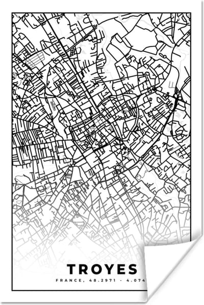 Poster Stadskaart - Plattegrond - Troyes - Kaart - Frankrijk - Zwart wit - 120x180 cm XXL