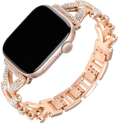 Stravo Luxe Dames Horlogebandje met Strass – RVS Schakelband – Geschikt voor Apple Watch 42mm (Series 11/10), 41mm (Series 9/8/7), 40mm (Series 6/5/4, SE 3/2/1), 38mm (Series 3/2/1) – Metalen Bandje – Roségoud