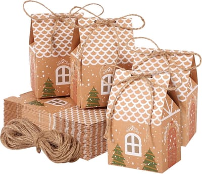 50 Mini Kerstcadeaudozen - Cadeauzakjes ,5x7x5cm - Vorm van een Kersthuis - Cadeauzakjes - Kersttassenset - Kerstinpakpapier - Kraftpapier - Met touw Cadeauverpakking - Geschikt voor snoep, chocolade en snuisterijen