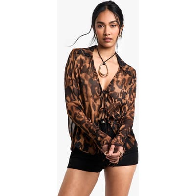 boohoo Dames Leopardprint geweven top met lange mouwen, kraag en strikdetail aan de voorkant | Zwart | Maat: XS