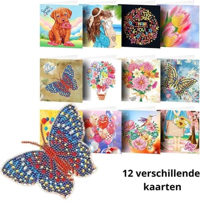 IZGO Diamond Painting Kaarten – 12 Wenskaarten met envelop - Zonder Tekst - Volwassenen – Volledig Hobby Pakket - Diamant schilderen Bloemen Bedankt