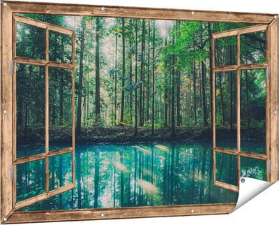 Gards Tuinposter Doorkijk Bos bij een Groen Meer - 150x100 cm - Tuindoek - Tuindecoratie - Wanddecoratie buiten - Tuinschilderij