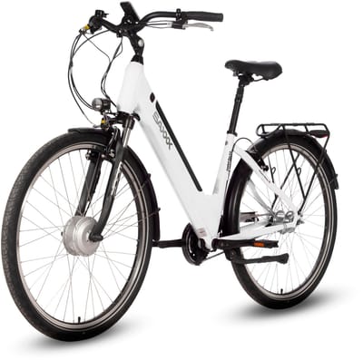 saxxx Comfort Plus 4.0 -28 inch elektrische stadsfiets - actieradius tot 90 km - 95%Vooraf Geassembleerd Stadsfiets - voorwielmotor - 36V 418Wh accu - Shimano 7-speed naafversnelling - LCD-display - Wit glanzend