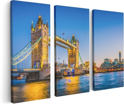 Artaza Canvas Schilderij Drieluik Tower Bridge in Londen met Verlichting - 120x80 - Foto Op Canvas - Canvas Print