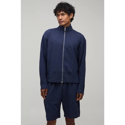 Oversized Boxy Geribbeld Trainingspak Met Dubbele Ritssluiting En Col Kort Model | Navy | Size XS