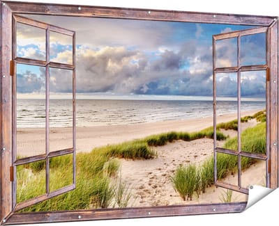 Gards Tuinposter Doorkijk Strand en Duinen met Bewolking - 180x120 cm - Tuindoek - Tuindecoratie - Wanddecoratie buiten - Tuinschilderij