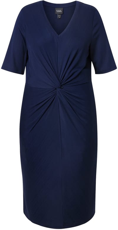 Ulla Popken - Dames - Jersey jurk gedrapeerd V-hals halve mouwen - Marine - Maat 54+