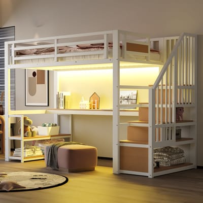 Hoogslaper 90x200 - Metaal Bed met LED-Lichten, Opbergluiken, Regalen en Tafel, Veiligheidshek - Wit
