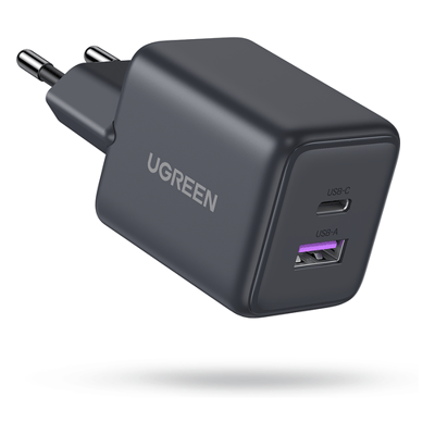 Ugreen 30 W Dual Port GaN-oplader 1A1C, compatibel met iPhone 17/16/15, iPad Pro, Pixel 9, Samsung Galaxy S24/S23, Tab A8/S8, enz
