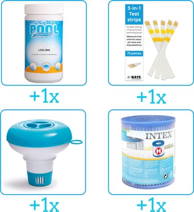 Zwembad Onderhoudspakket - Onderhoud Zwembad - bevat Chloor - Testrips - Chloordrijver en Filter (4-delig)