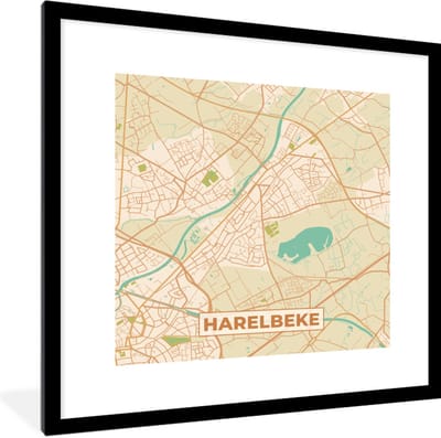 Fotolijst incl. Poster - Harelbeke - Kaart - Vintage - Stadskaart - Plattegrond - 40x40 cm - Posterlijst