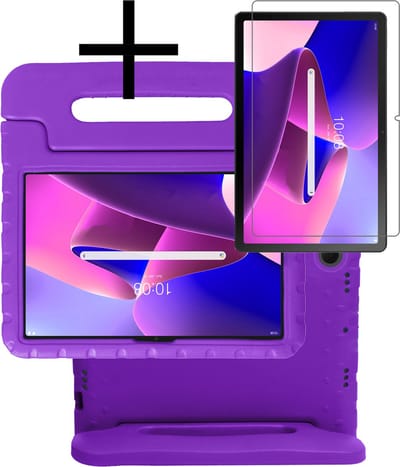 Hoes - Geschikt voor Lenovo Tab M10 Plus (3e / 3rd Generatie) - Met Screenprotector - Kinderhoes Shockproof Bumper - Kidsproof Case - Tablet Hoesje - Kinder Cover - Paars