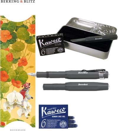 Kaweco Cadeauset (6 delig) Blikje, Vulpen grey M, Clip, Boekenlegger Oost-indische kers, 2 doosjes vullingen
