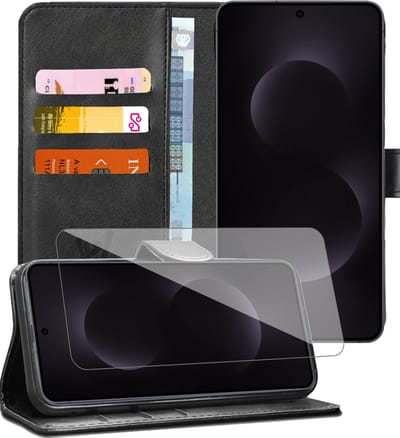Hoesje geschikt voor Samsung Galaxy S25 Edge - Screenprotector Glas - Portemonnee Book Case Zwart